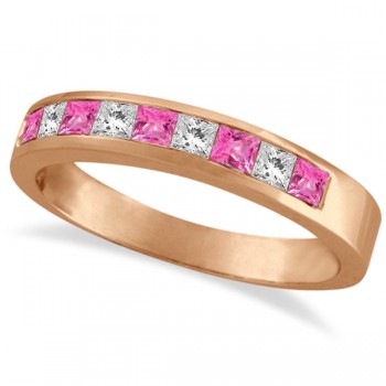 Princess Channel-Set Diamond & Pink Sapphire Ring Band 14k Rose Gold