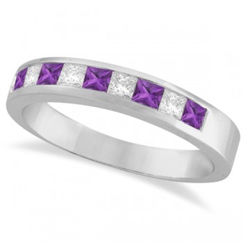 Princess Channel-Set Lab Grown Diamond & Amethyst Ring 14K White Gold