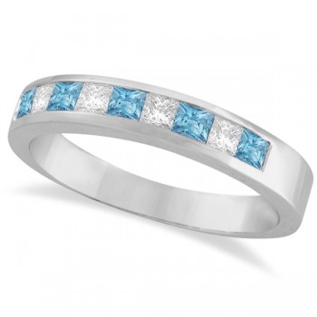 Princess Channel-Set Diamond & Aquamarine Ring Band 14K White Gold