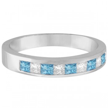 Princess Channel-Set Diamond & Aquamarine Ring Band 14K White Gold