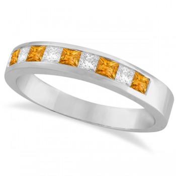 Princess Channel-Set Diamond & Citrine Ring Band 14K White Gold