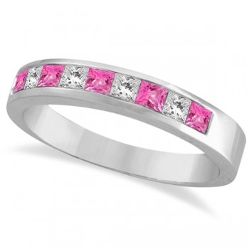 Princess Channel-Set Diamond & Pink Sapphire Ring Band 14k White Gold