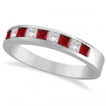 Princess-Cut Channel-Set Lab Grown Diamond & Ruby Ring 14k White Gold