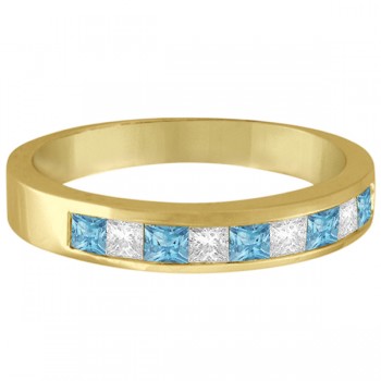Princess Channel-Set Diamond & Aquamarine Ring Band 14K Yellow Gold