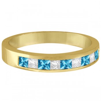 Princess Channel-Set Diamond & Blue Topaz Ring Band 14K Yellow Gold