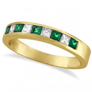 Princess-Cut Diamond & Emerald Ring Band 14k Yellow Gold (0.73ct)