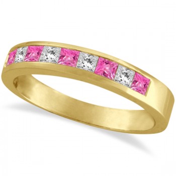 Princess Channel-Set Lab Grown Diamond & Pink Sapphire Ring 14k Yellow Gold