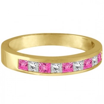 Princess Channel-Set Lab Grown Diamond & Pink Sapphire Ring 14k Yellow Gold