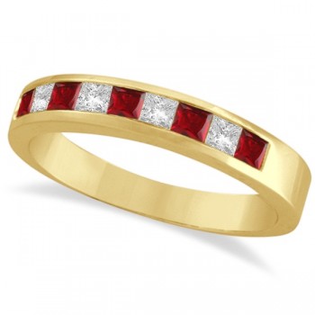 Princess-Cut Channel-Set Lab Grown Diamond & Ruby Ring 14k Yellow Gold