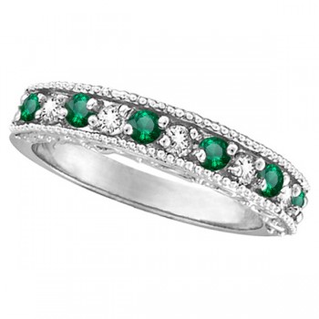 Green Emerald Diamond Ring 14k White Gold Wedding Band  