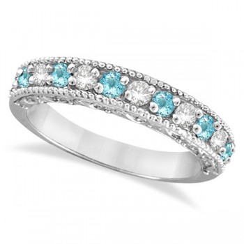 Diamond & Aquamarine Band Filigree Design Ring 14k White Gold (0.60ct)