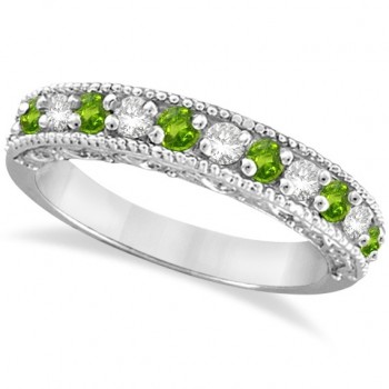 Diamond & Peridot Band Filigree Design Ring 14k White Gold (0.60ct)