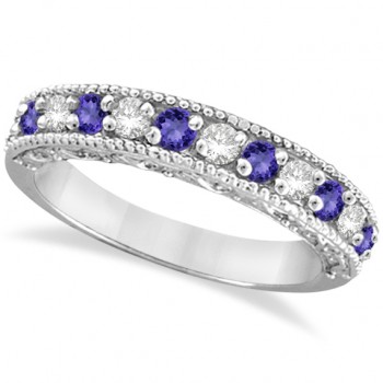 Diamond & Tanzanite Band Filigree Design Ring 14k White Gold (0.60ct)