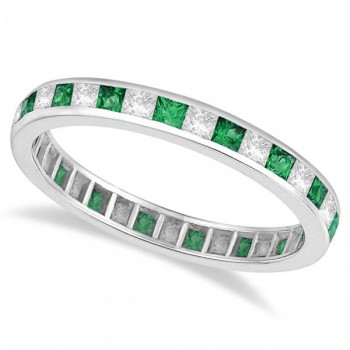 Princess-Cut Emerald & Diamond Eternity Ring 14k White Gold (1.26ct)