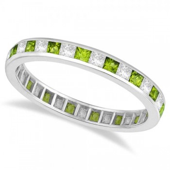 Princess-Cut Peridot & Diamond Eternity Ring 14k White Gold (1.26ct)