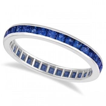 Princess-Cut Lab Blue Sapphire Eternity Ring Band 14k White Gold (1.36ct)