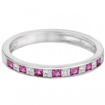 Princess Cut Diamond & Pink Sapphire Ring Band 14k White Gold (0.60ct)