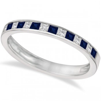 Princess Cut Diamond & Blue Sapphire Ring Band 14k White Gold (0.60ct)