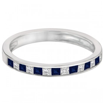 Princess Cut Diamond & Blue Sapphire Ring Band 14k White Gold (0.60ct)