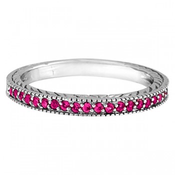 Pink Sapphire Stackable Ring with Milgrain Edges in 14k White Gold