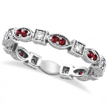 Garnet & Diamond Eternity Anniversary Ring Band 14k White Gold