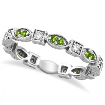 Peridot & Diamond Eternity Anniversary Ring Band 14k White Gold