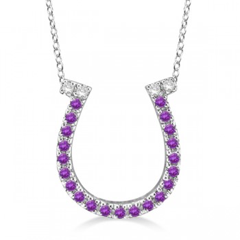 Amethyst & Diamond Horseshoe Pendant Necklace 14k White Gold (0.25ct)