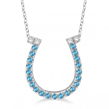 Blue Topaz & Diamond Horseshoe Pendant 14k White Gold (0.25ct)