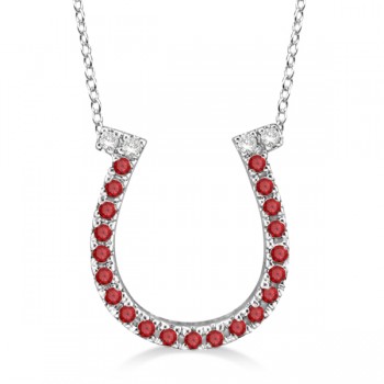 Garnet & Diamond Horseshoe Pendant Necklace 14k White Gold (0.25ct)