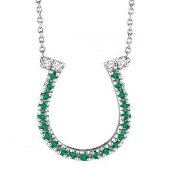 Emerald & Diamond Horseshoe Pendant Necklace 14k White Gold (0.25ct)