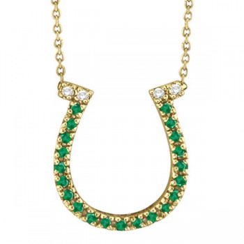 Emerald & Diamond Horseshoe Pendant Necklace 14k Yellow Gold (0.25ct)
