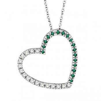 Diamond & Emerald Heart Pendant Necklace 14k White Gold (0.40ct)