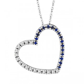 Diamond & Blue Sapphire Heart Pendant Necklace 14k White Gold (0.40ct)