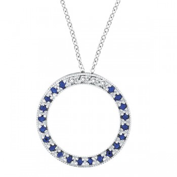 Diamond & Blue Sapphire Circle Pendant Necklace 14k White Gold