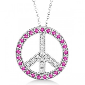 Diamond & Pink Sapphire Peace Pendant Necklace 14k White Gold 0.92ct