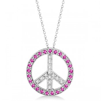 Diamond & Pink Sapphire Peace Pendant Necklace 14k White Gold 0.92ct