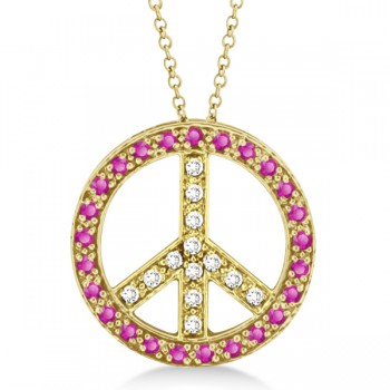 Diamond & Pink Sapphire Peace Pendant Necklace 14k Yellow Gold 0.92ct