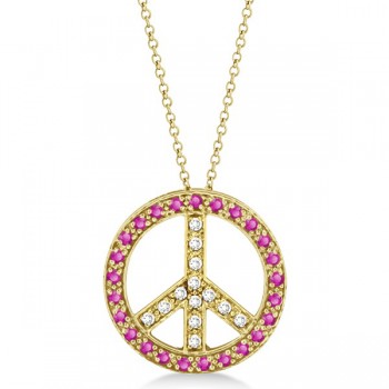 Diamond & Pink Sapphire Peace Pendant Necklace 14k Yellow Gold 0.92ct