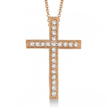 Diamond Cross Pendant Necklace Milgrain Edged 14k Rose Gold (0.33ct)