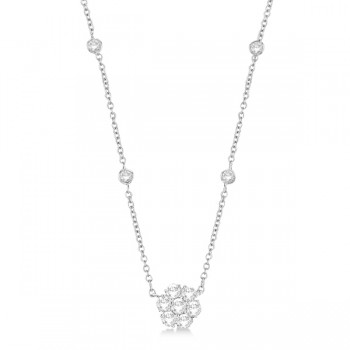 Flower Pendant Diamond Station Necklace 14k White Gold (1.00ct)