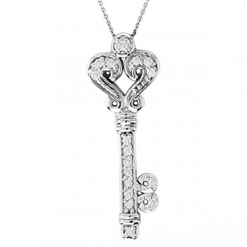 Diamond Fleur De Lis Key Pendant Necklace in 14k White Gold (0.25ct)