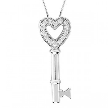 Diamond Open Heart Pendant Necklace Key 14k White Gold (0.15ct)