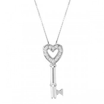 Diamond Open Heart Pendant Necklace Key 14k White Gold (0.15ct)