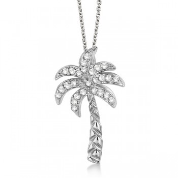 Palm Tree Shaped Diamond Pendant Necklace 14k White Gold (0.25ct)