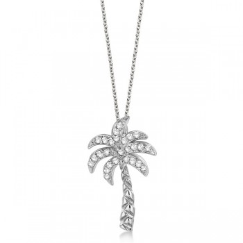 Palm Tree Shaped Diamond Pendant Necklace 14k White Gold (0.25ct)