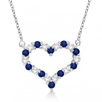 Open Heart Diamond & Sapphire Pendant Necklace 14k White Gold (0.65ct)