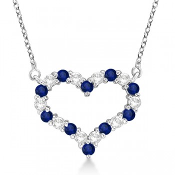 Open Heart Diamond & Sapphire Pendant Necklace 14k White Gold (1.30ct)