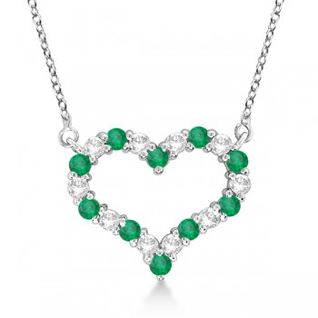 Open Heart Diamond & Emerald Pendant Necklace 14k White Gold (0.63ct)