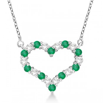 Open Heart Diamond & Emerald Pendant Necklace 14k White Gold (1.10ct)