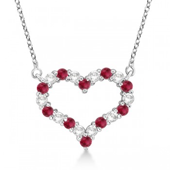 Open Heart Diamond & Ruby Pendant Necklace 14k White Gold (0.65ct)